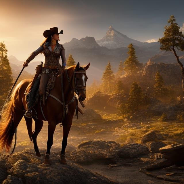 a cowgirl mounted on horseback at ranch entrance.  hyperdetailed detailed matte painting, ...  by @Christine Gauthier