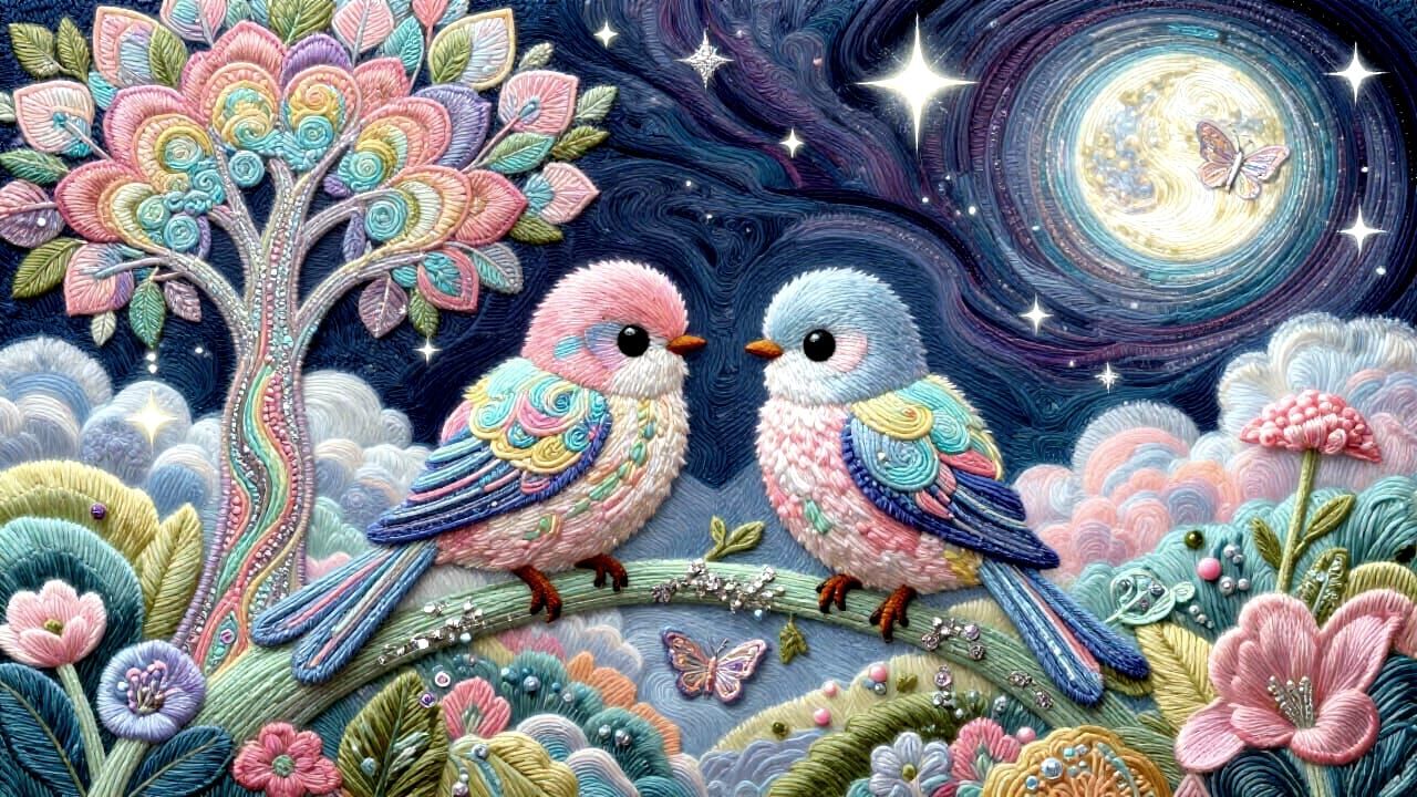 Pastel Embroidered Birds and Butterflies in Dreamscape