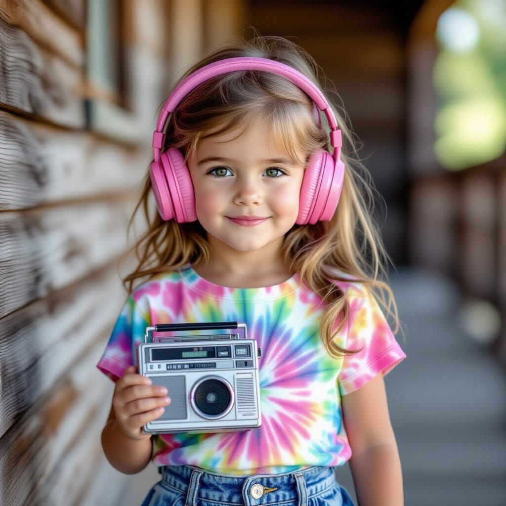 Vibrant Girl with Boombox, Photorealistic Style