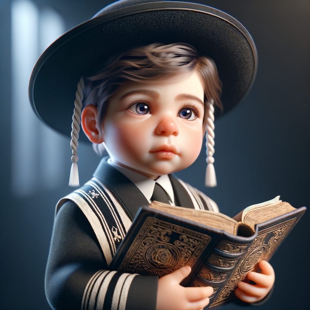 Jewish Boy Studies Ancient Book, Realistic 3D Rendering