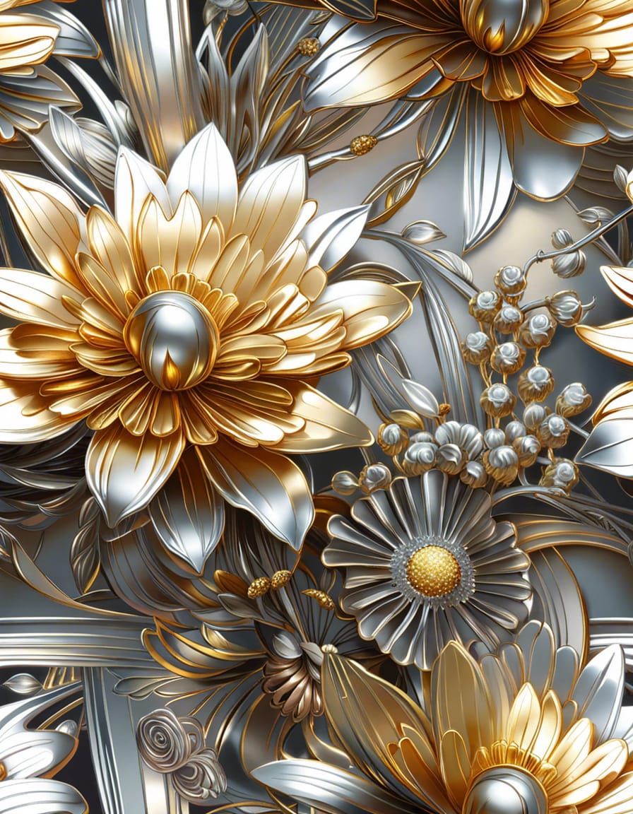 Silver and Gold Flowers. AI Generated Artwork NightCafe Creator