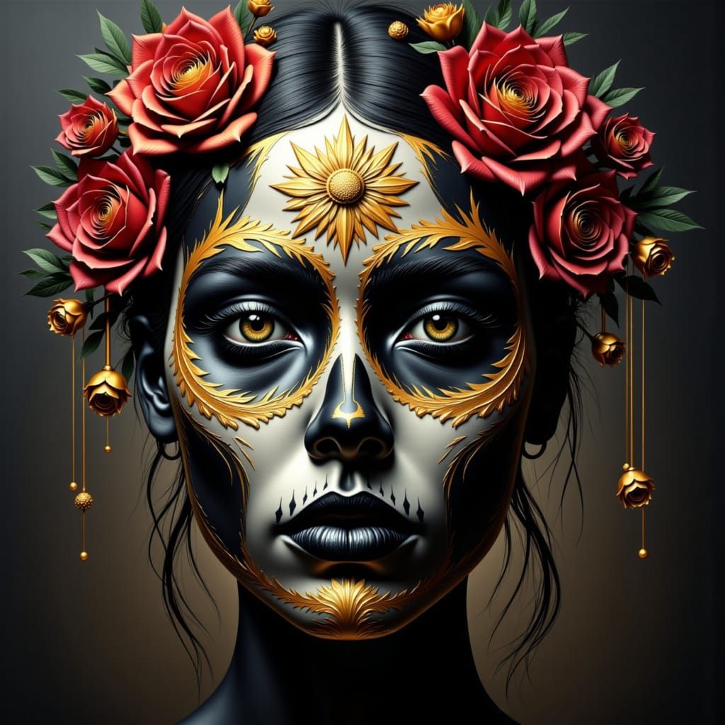 <lora:Golden Shadows:1.0> Dia De Los Muertos Sugar Sugar Skull  Make Up