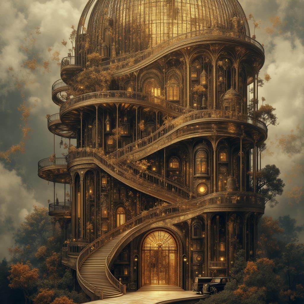  <lora:LuxeVisionsFlux:1.0> A steampunk-style cage with gears, light, and motion.There are three levels in the birdcage.The upper level is a...