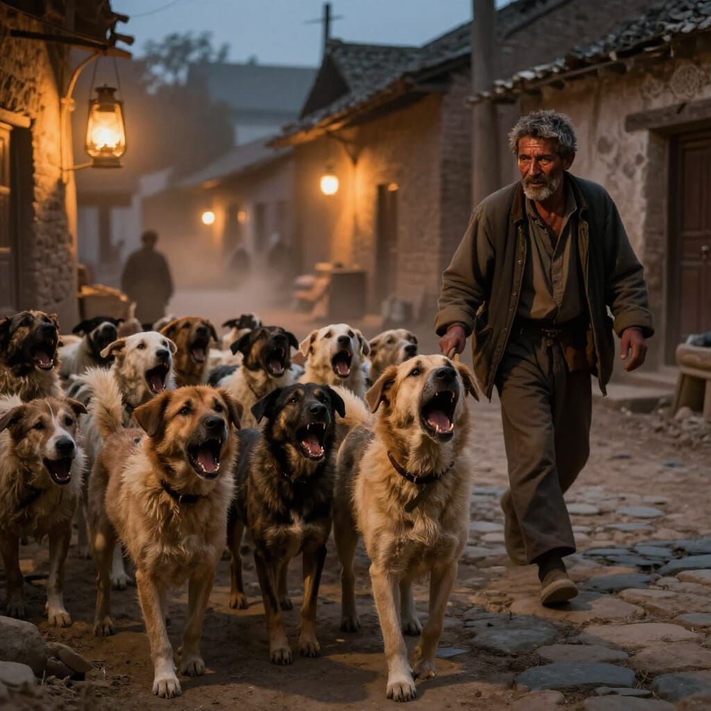 Fierce Dogs Bark at Shepherd in Dusk Village Square