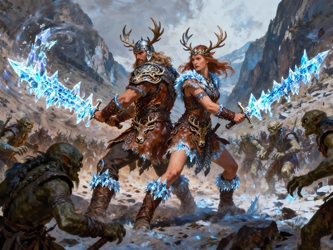 Atherian Elk Tribe defending themselves from Goblins in a High Mountain Pass.