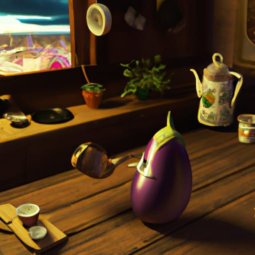 Eggplant drinking tea