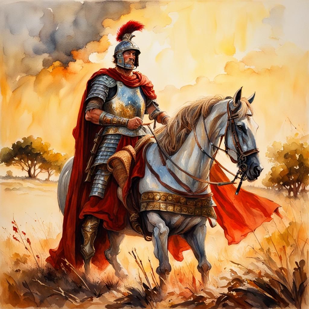 Watercolor Roman Centurion in Sunlight, Detailed Armor