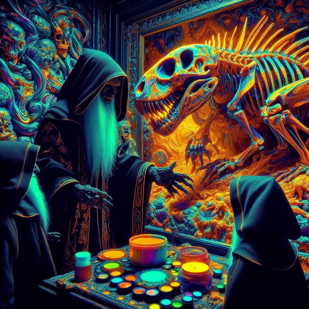 dwarf monks illuminating a fossil