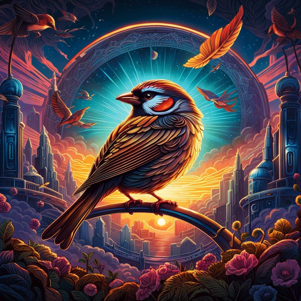 Tambourine, Sparrow, Cloud City, Dreamy AI Generated Artwork