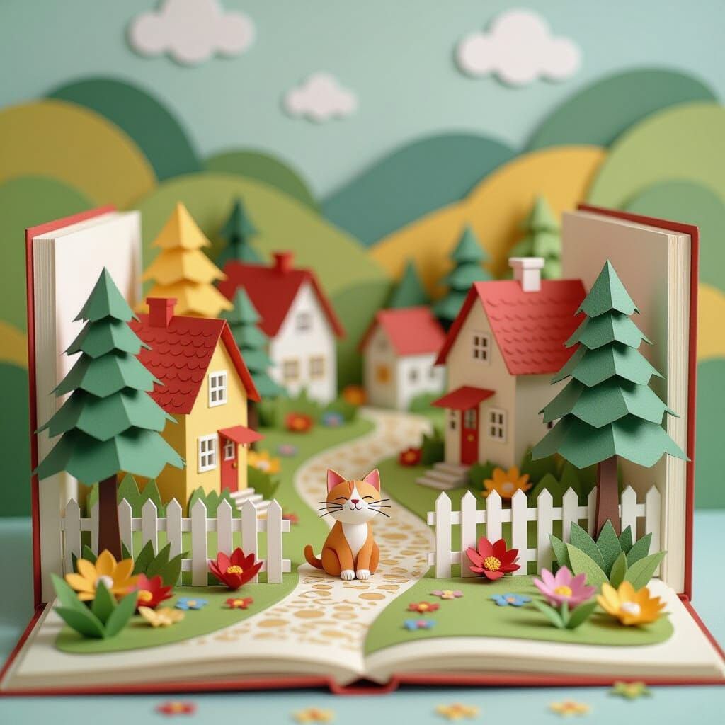 A whimsical pop-up book scene depicting a cozy fantasy village nestled in a valley. Houses with paper ...  by @Bushra
