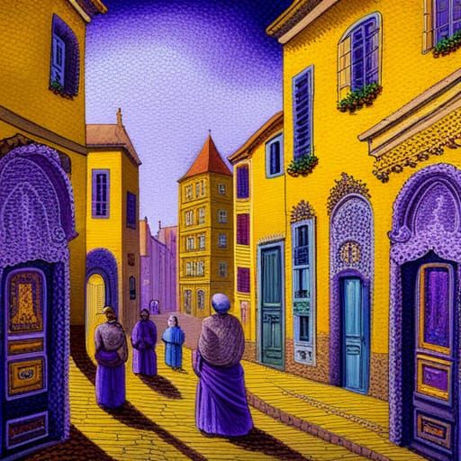 Entire village painting imitating crochet, crochet collage, ...