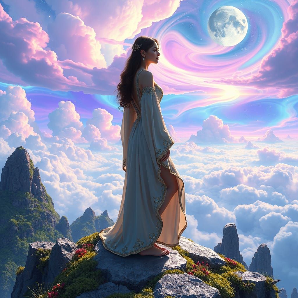 Surreal Goddess Radiates Serenity Amidst Vibrant Dreamscapes