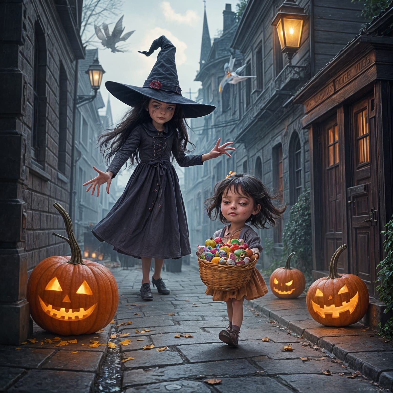 A short street lined with toffee apples on sticks which all have scary expressions on their faces. There is a spooky atmosphere in the air w...