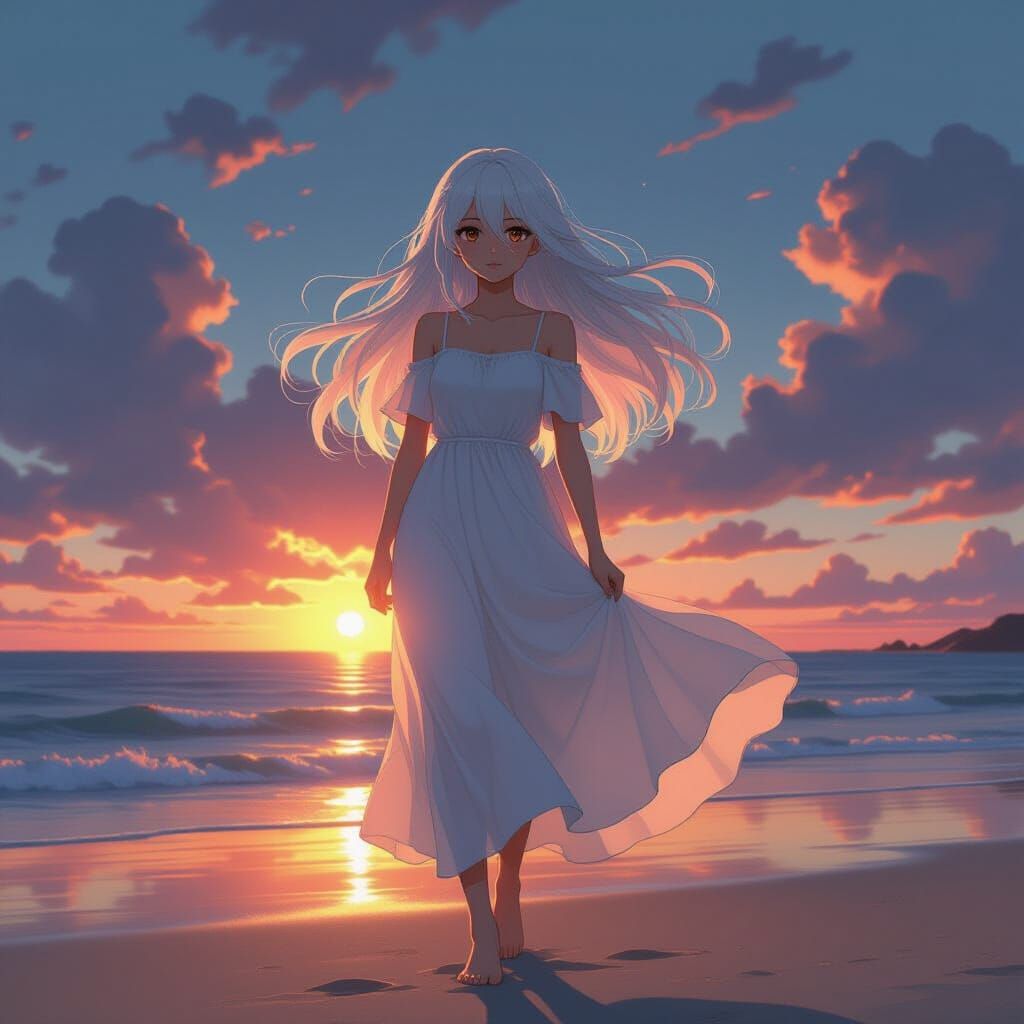 Anime Girl on Beach in Volumetric Sunset Lighting
