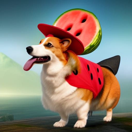 Pembroke welsh corgi wearing hotdog costume, wearing waterme...