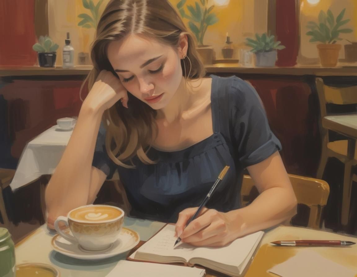 A young woman writes in a journal at a table in a cafe.