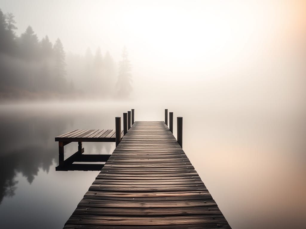 A short wooden jetty by a lake in a wooded glaze with the early morning mist rising from the water.  by @David Grewcock