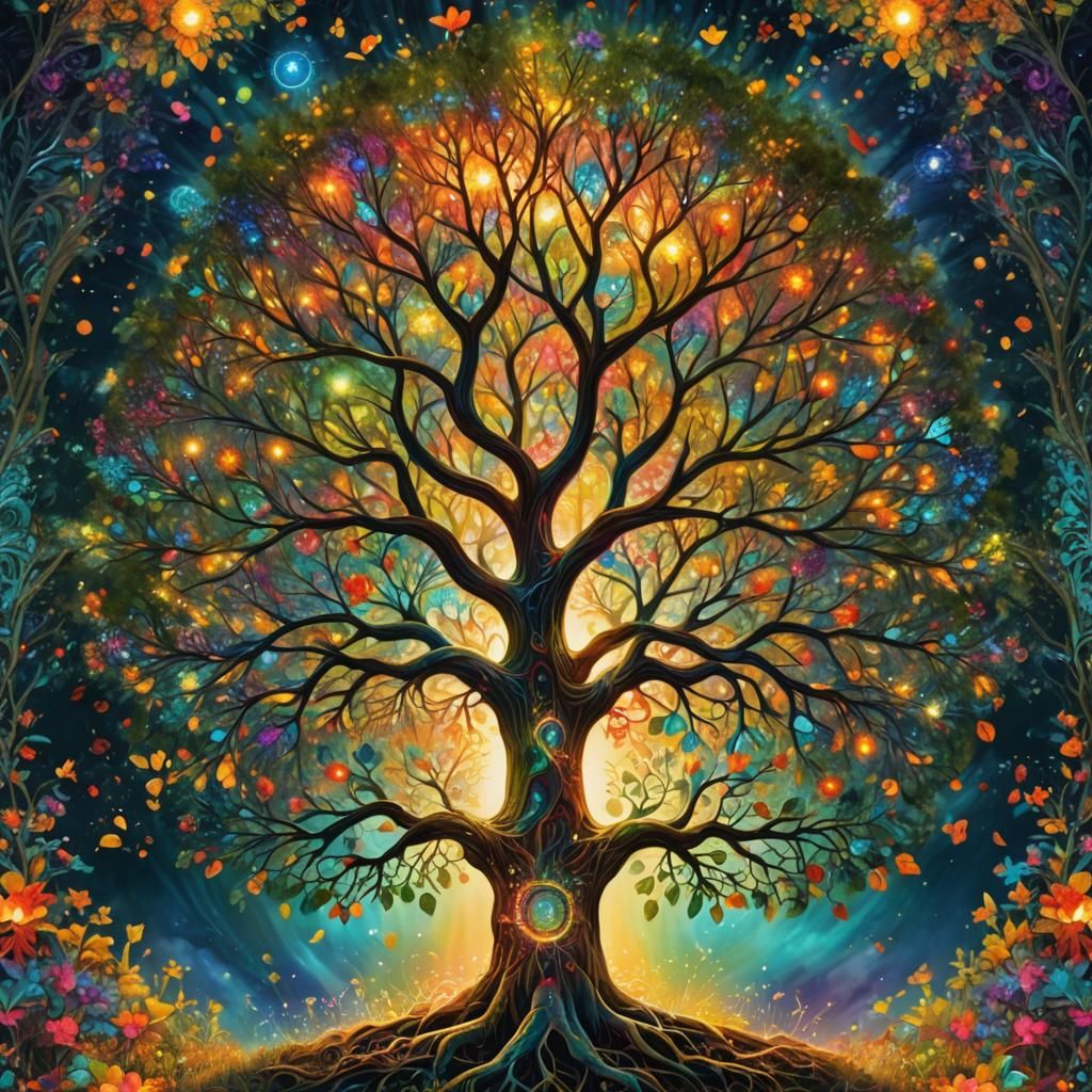 tree of life, double exposure, triadic colors, mixed media
