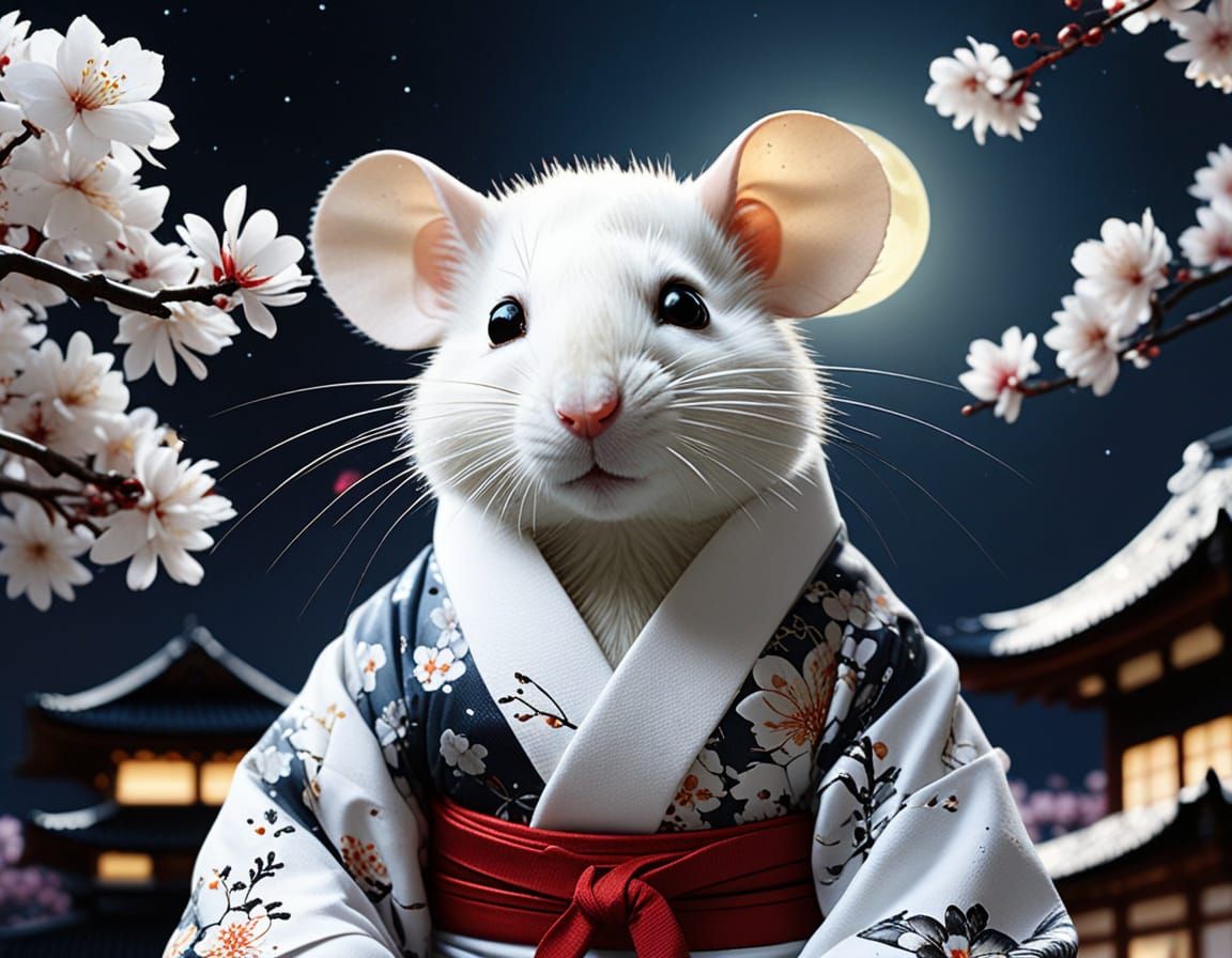 close- up portrait of adorable white rat plushie dressed as Geisha against the backdrop of a beautiful zen sakura garden, flowers, full moon...
