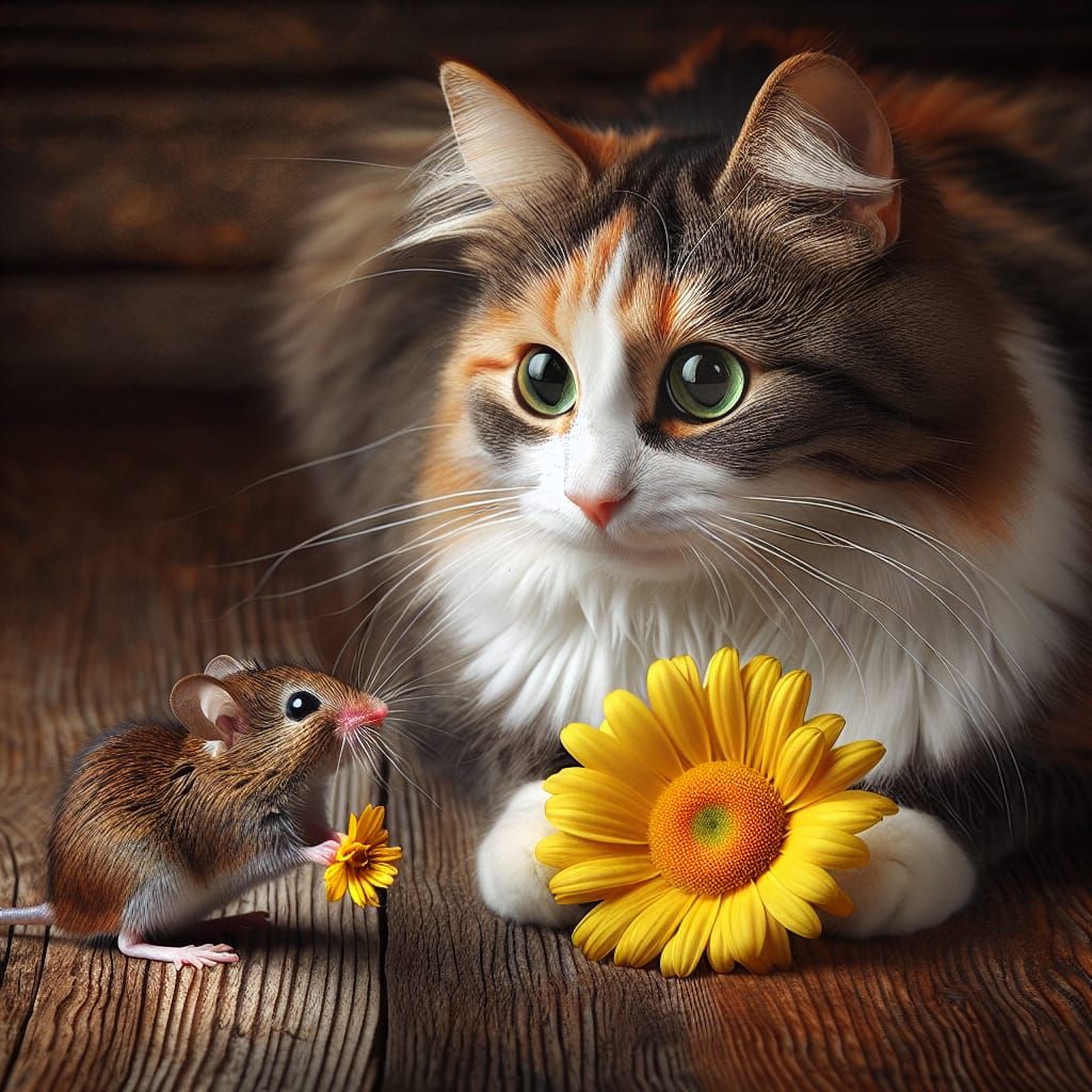 Super cute cat was given a daisy by a mouse