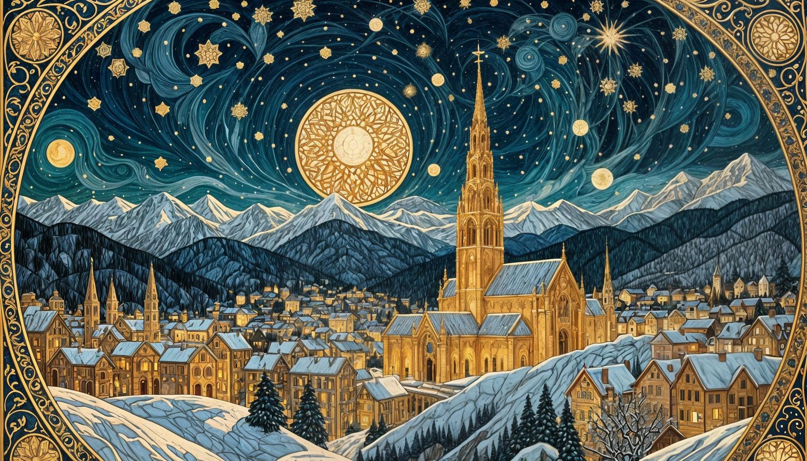 Winter landscape in the opulent style of Gustav Klimt  by @Max Maximus