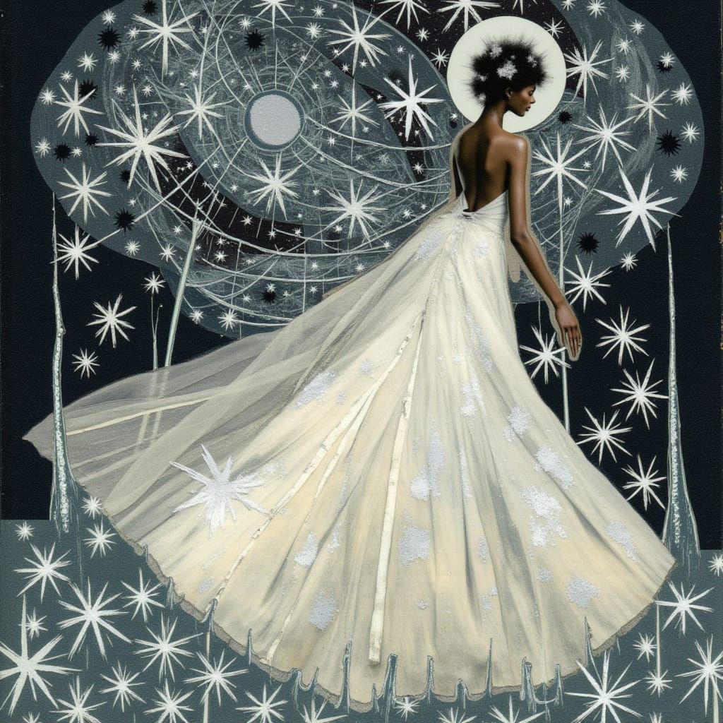 <lora:Sureally:1.0> <lora:mmcollage:1.0> A mystical queen, adorned in a flowing white gown with intricate silver embroidery, surrounded by d...