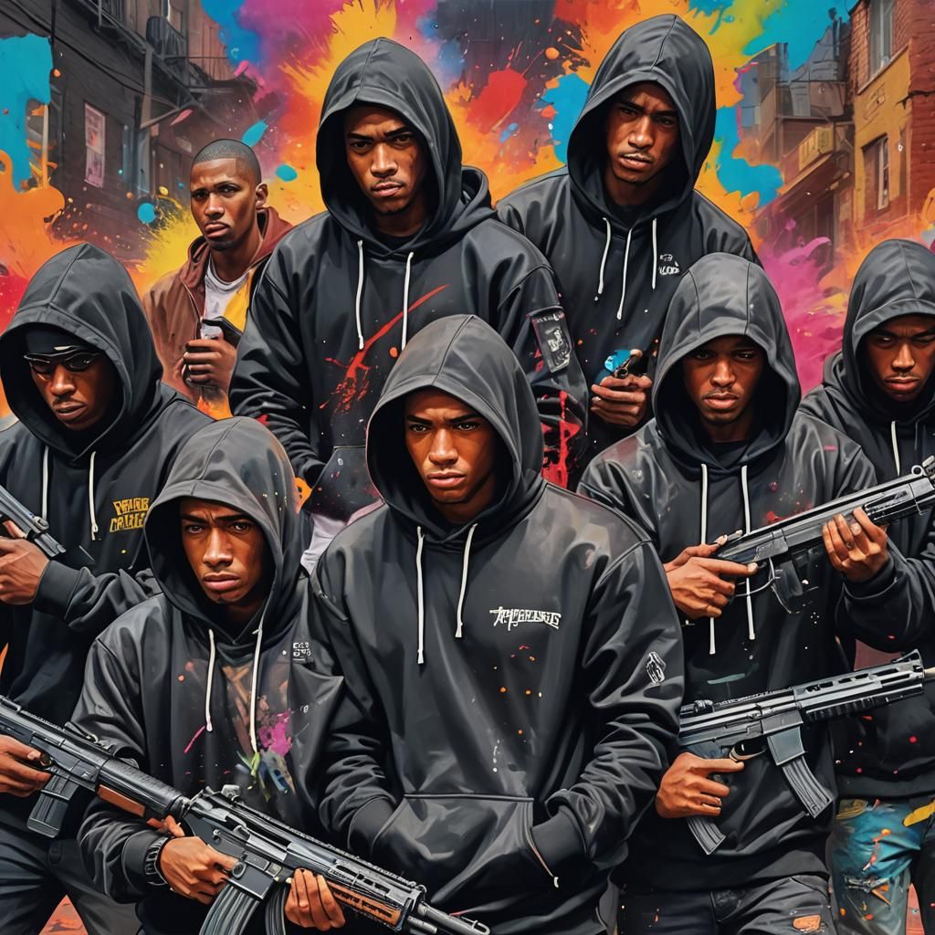 Gang bangers dressed in a black hoodies carried semi automat...
