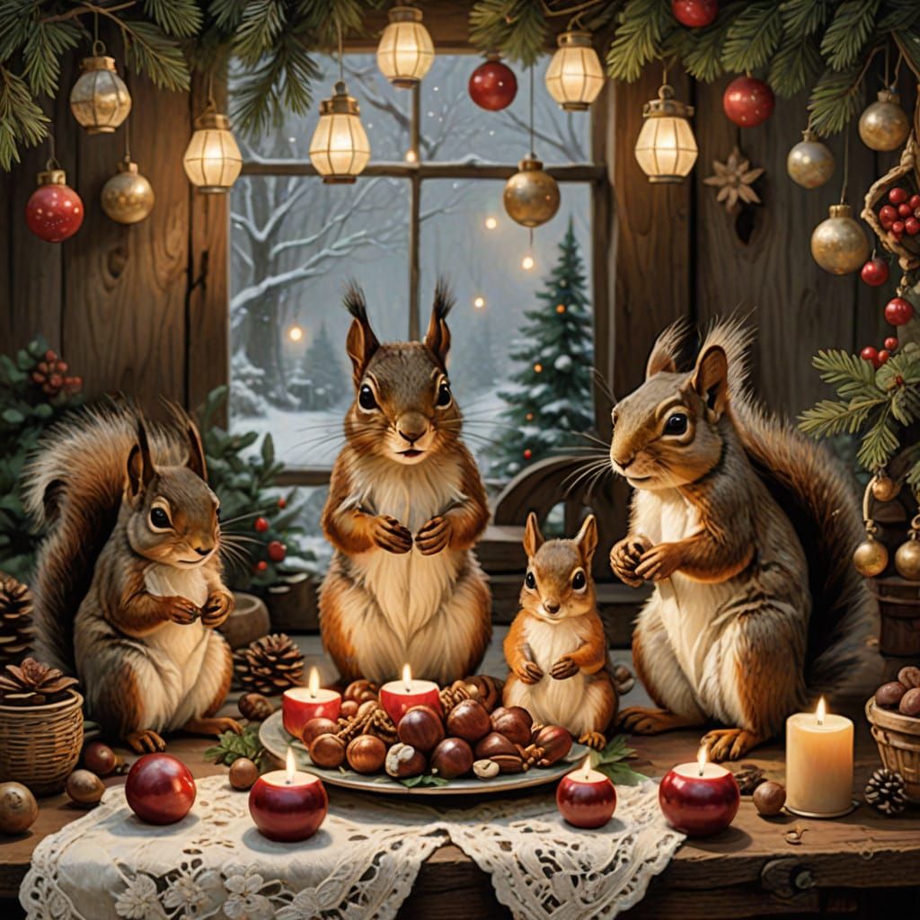 a squirrel family eating Christmas dinner in their cozy woodland home,   by @cbog76