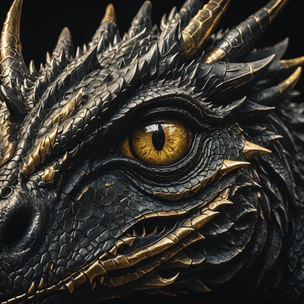 A close up view of a Large black velvet shadow dragon golden...