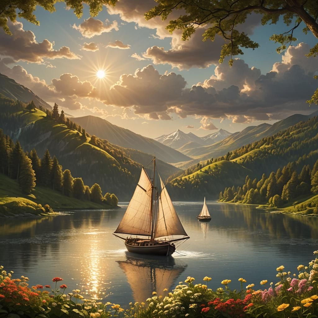 Sailboat Amidst Rolling Hills in Golden Light