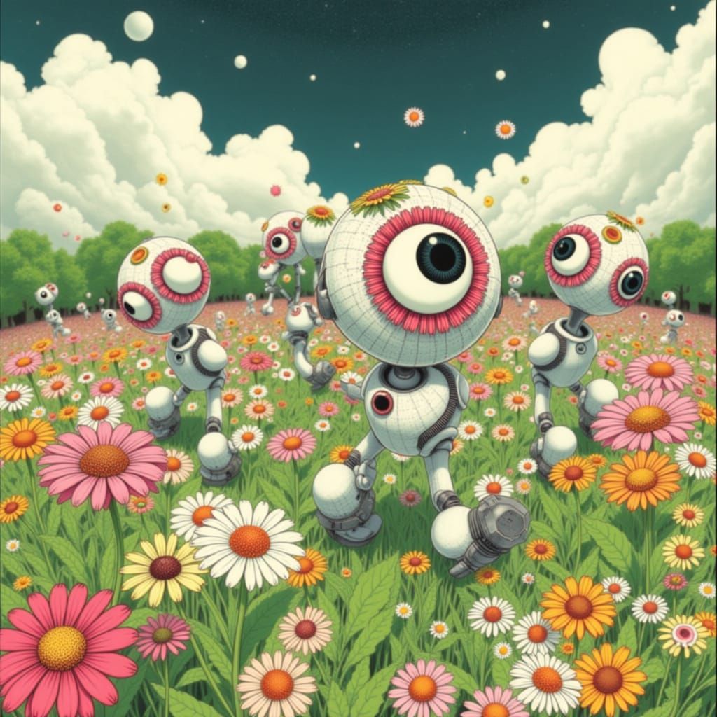 <lora:EYEBALL GARDENS:1.0> Cute robots in a flower garden