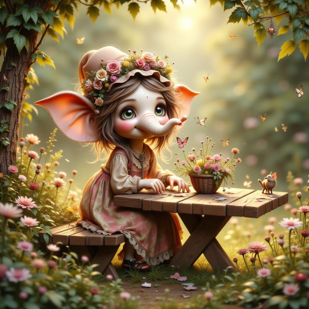 <lora:Bohemian Whimsy:1.0> Une figurine d’éléphant fantaisiste et anthropomorphe, vêtu d’une robe d’été vintage, arrangeant joyeusement des ...