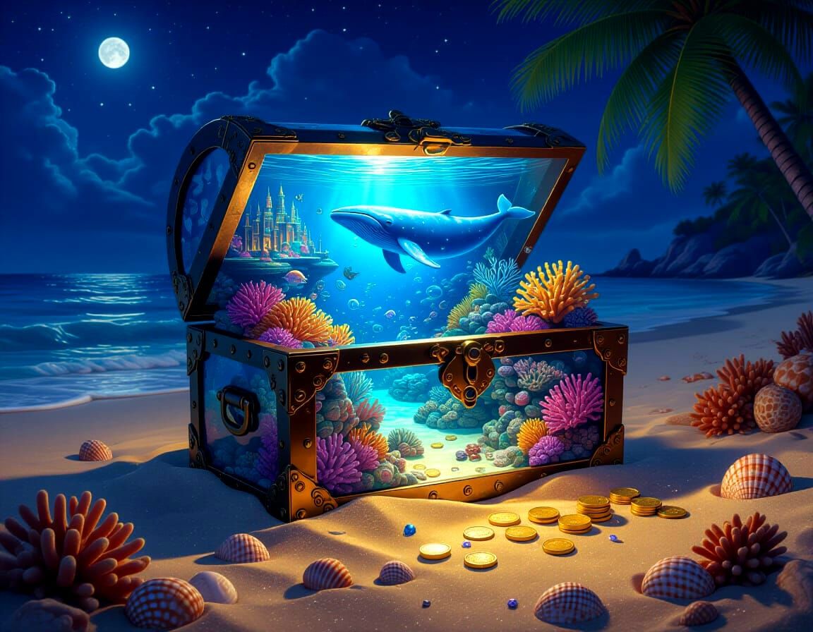 hyperdetailed fantasy art of an antique pearl lustre and glass treasure chest stuck half in the sand ...  by @Spearmint