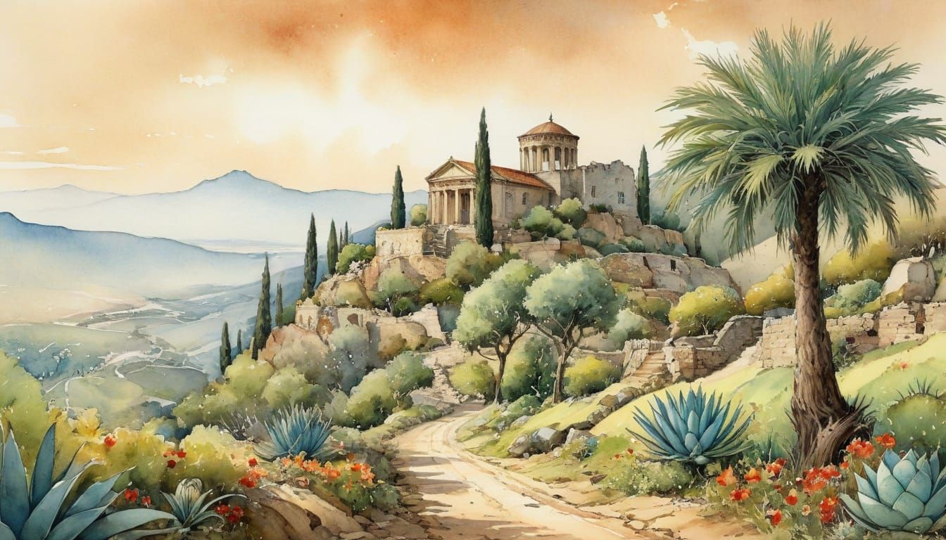 Greek Hillside Storybook Illustration in Watercolor