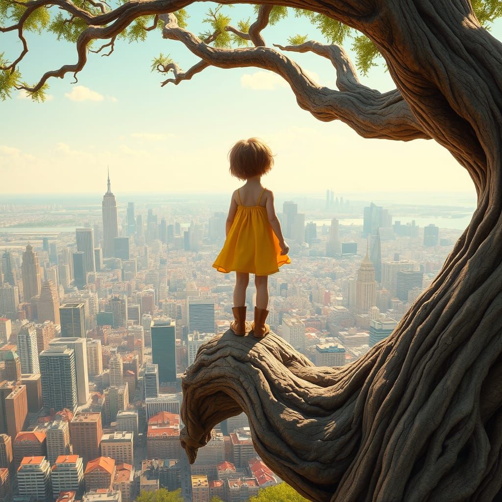 Child Standing on Ancient Tree Branch, Gazing at Cityscape