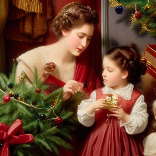 Mother and Daughter Decorate Christmas Tree