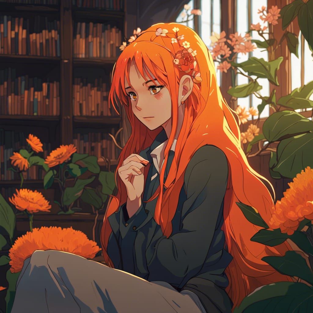 long neon orange hair woman fantasy medieval pant suit flowe...