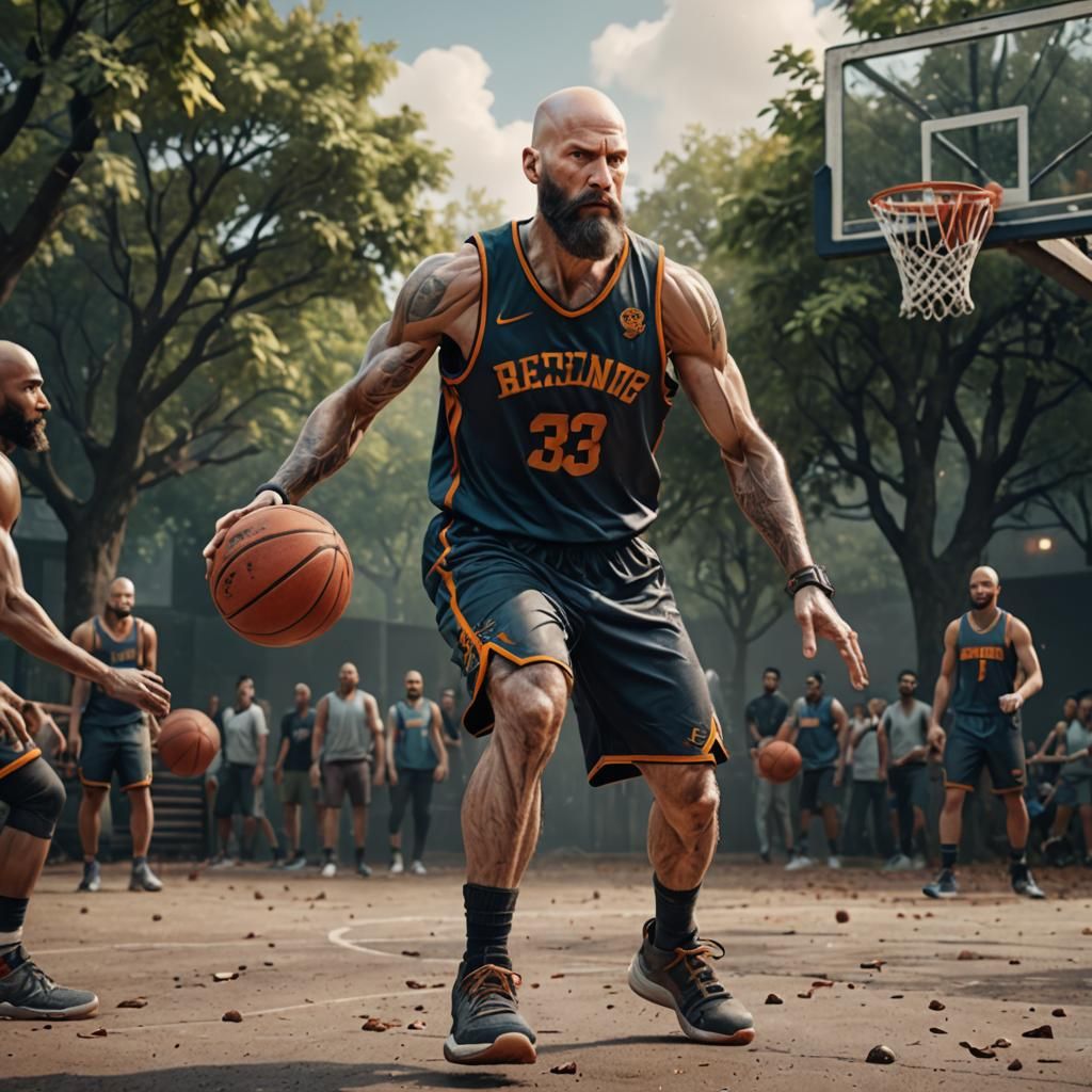 thin bald man with beard playing basketball
