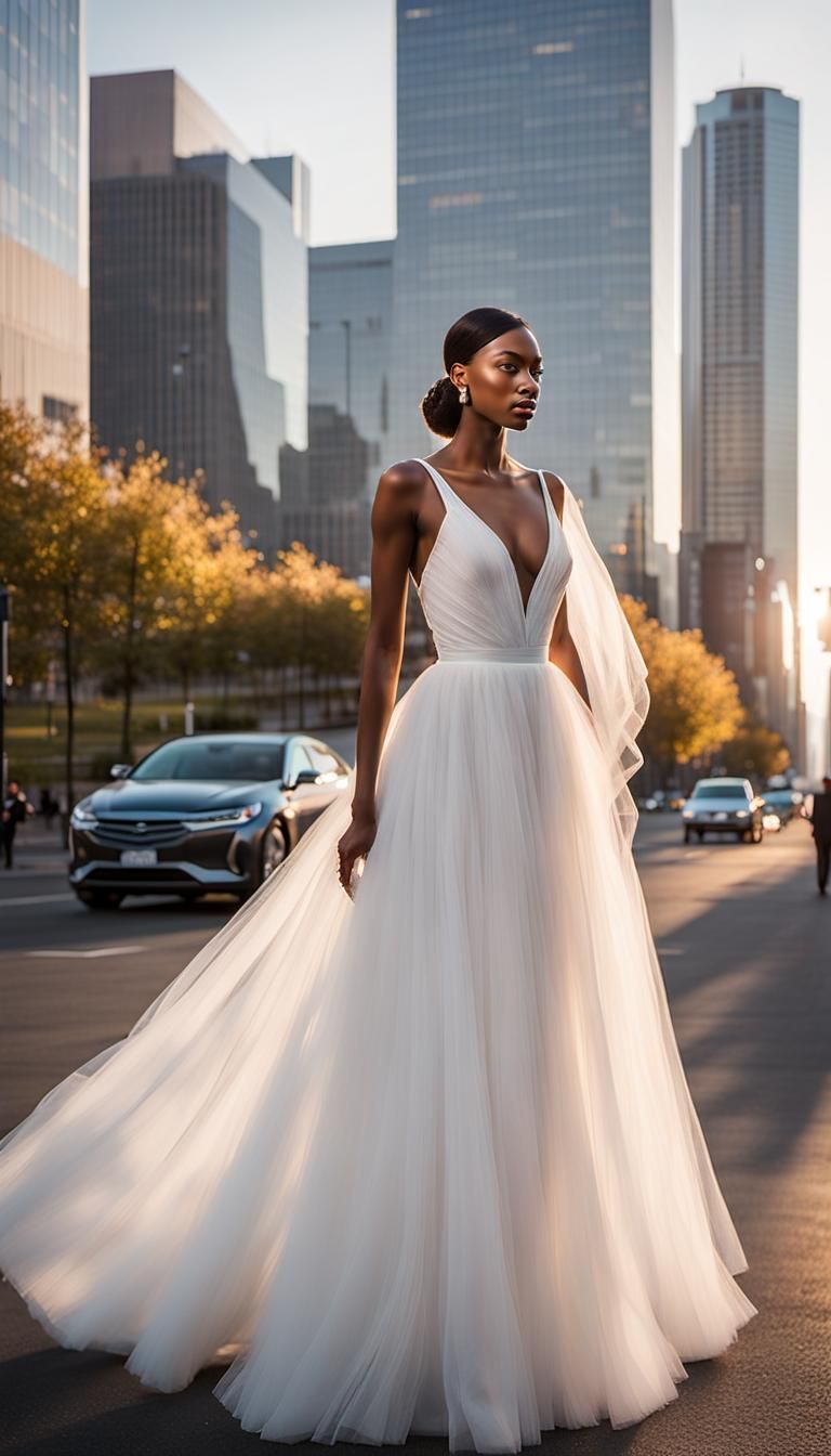 Tulle, white dress with tulle in a city