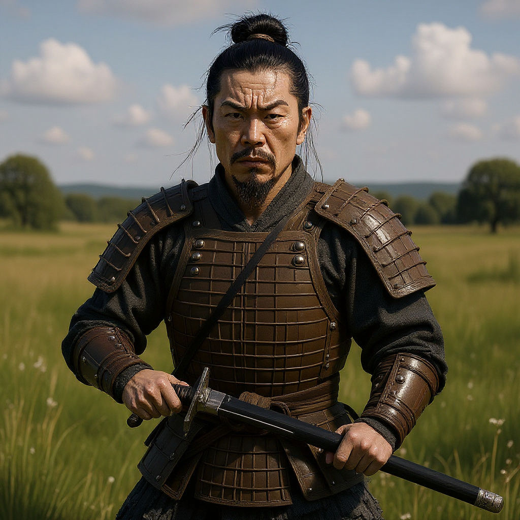 Kurosawa-inspired scene of seven samurai defending a village, cherry blossom snow drifting through the air. Cinematic lighting with deep sha...