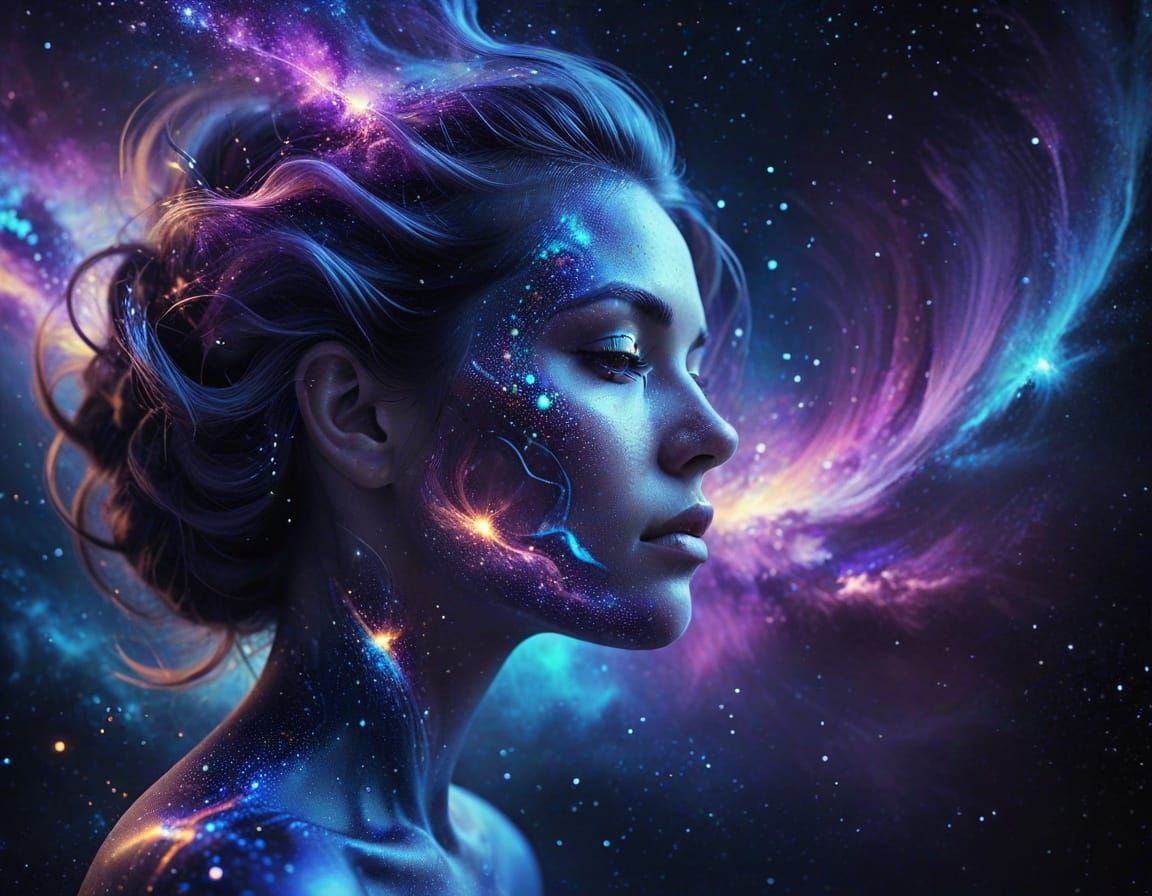 Surreal Cosmic Dreamscape Woman in Vibrant Colors