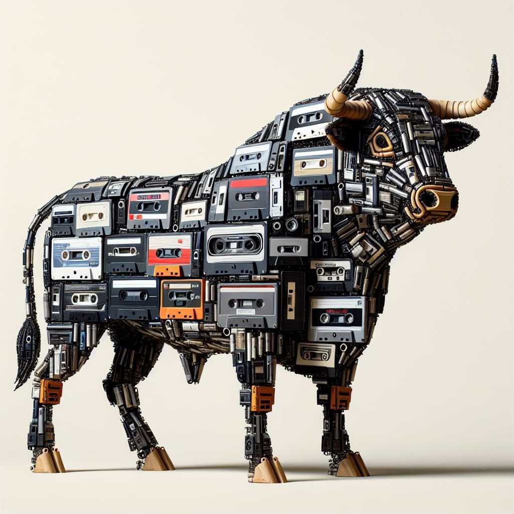 Hyperealistic image of a bull made from cassette players, in...