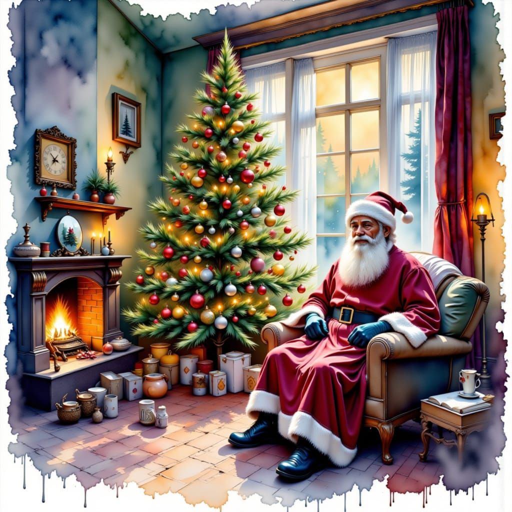 Santa Claus in front of a beautiful Christmas tree, inside a warm cozy living room. Vibrant colors. 
wet-on-wet watercolor alcohol ink negat...