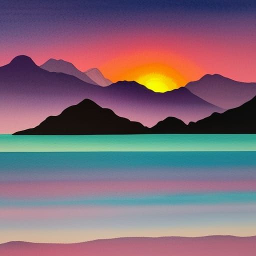 water color painting of sunset behind mountains detailed