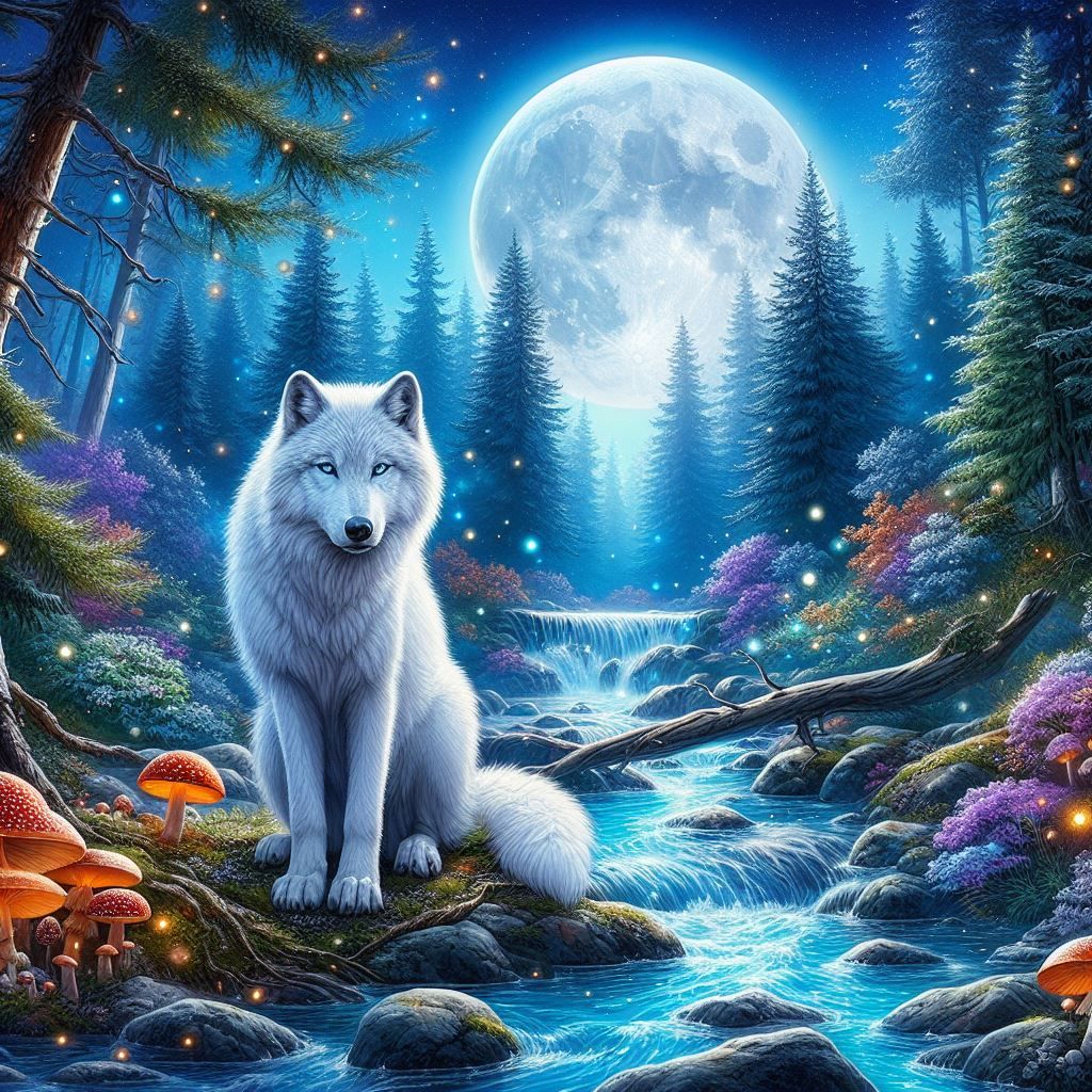 Beautiful white wolf under full moon.