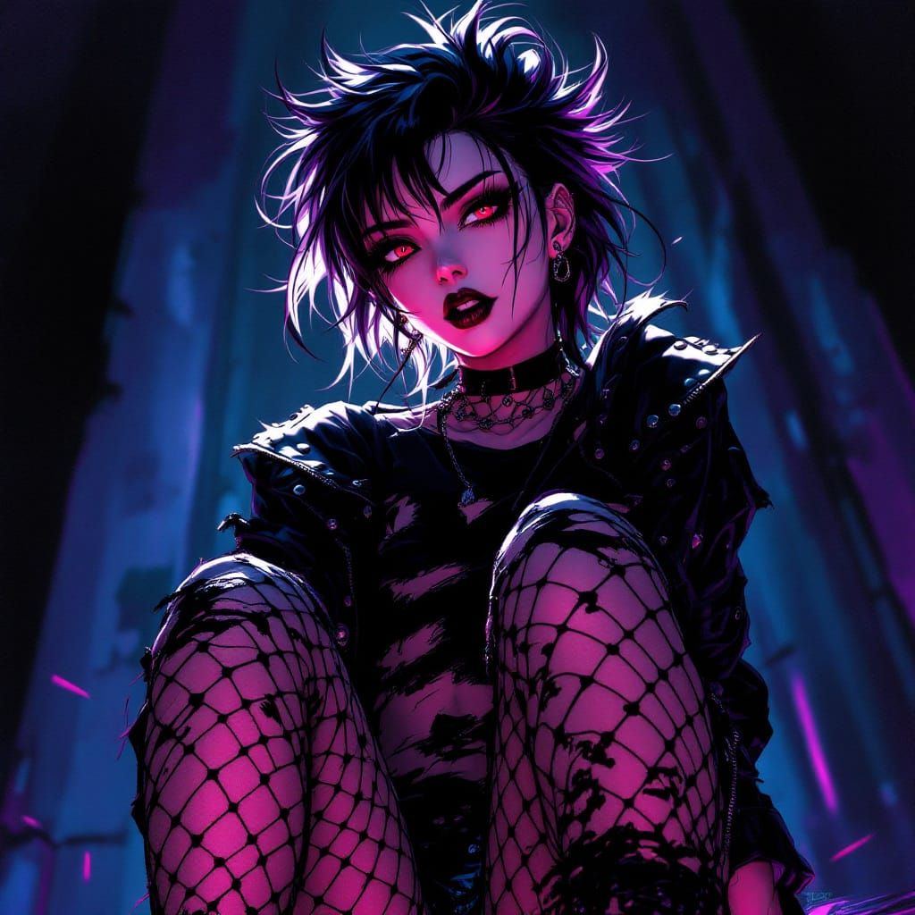 Gothic Rockstar Anime Girl with Spiked Hair