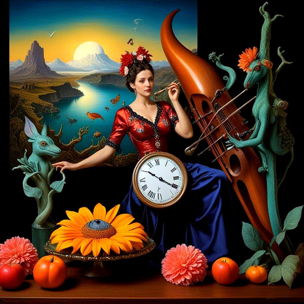 Surrealistic Scene with Vibrant Lady and Fantastic Creatures