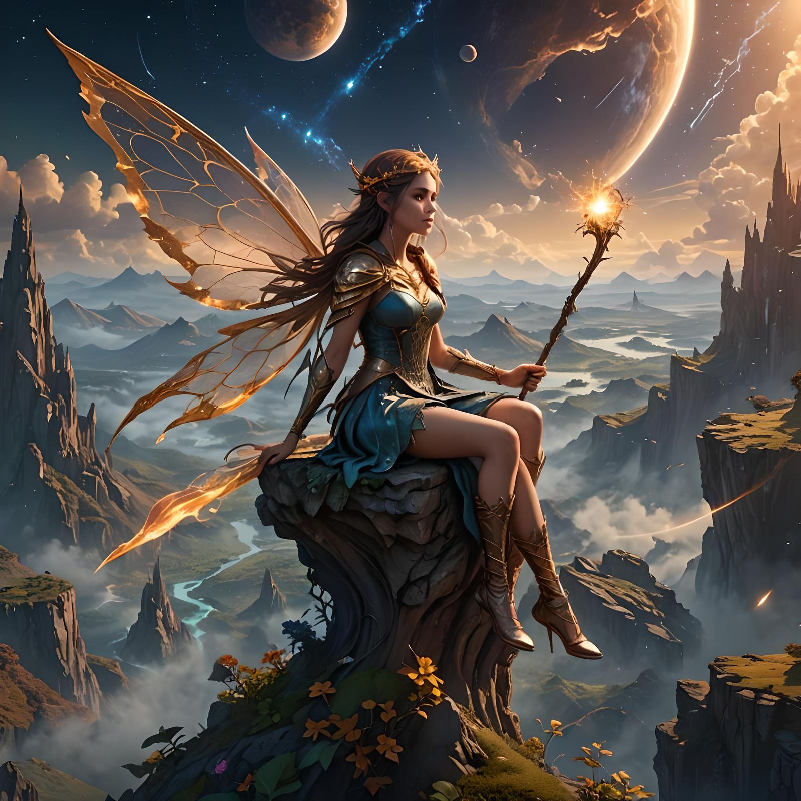 Fairy girl sits at the edge of earth , holding a wand with s...