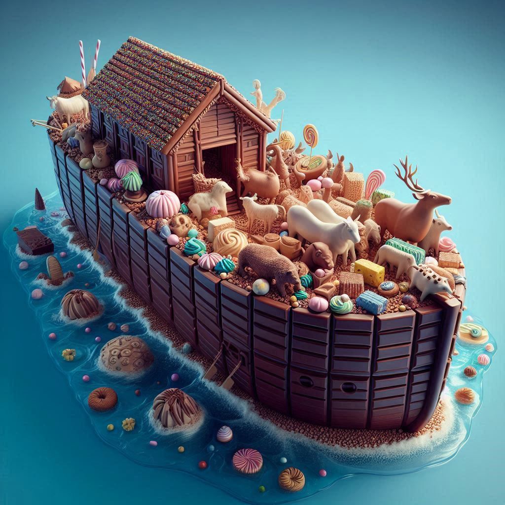 300 cubits of chocolate ark with fondant animals on a sugar glass sea