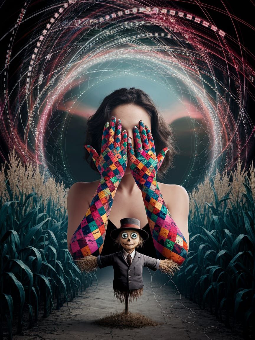 Surreal Woman Emerges from Digital Vortex in Cornfield